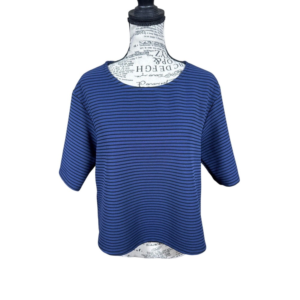 BCBGeneration Navy and Black Striped Short Sleeve Boxy Top